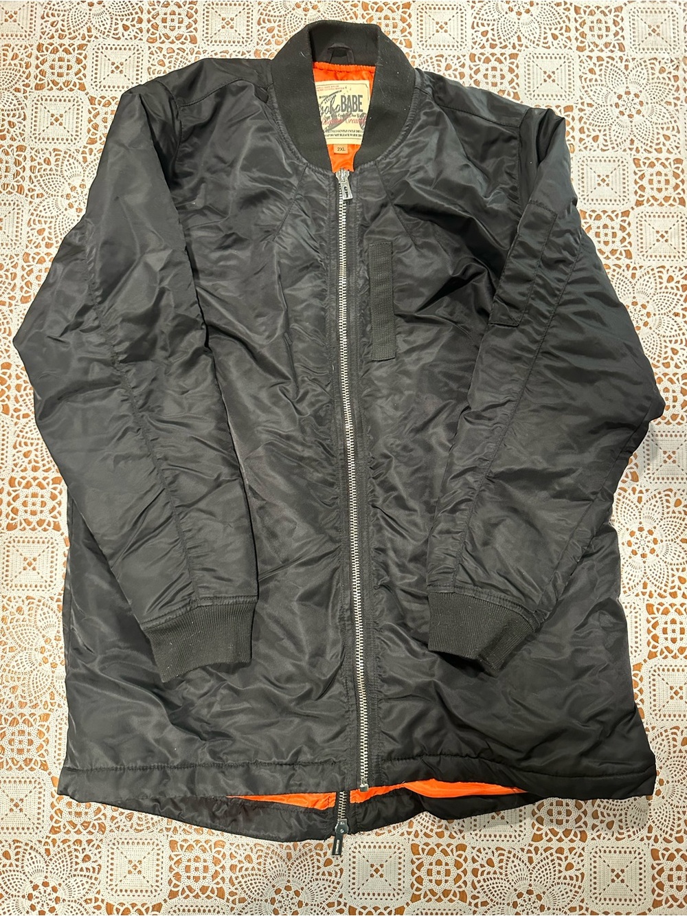 SoHo Babe 2XL Black Longline Bomber Jacket Orange Lined MA-1